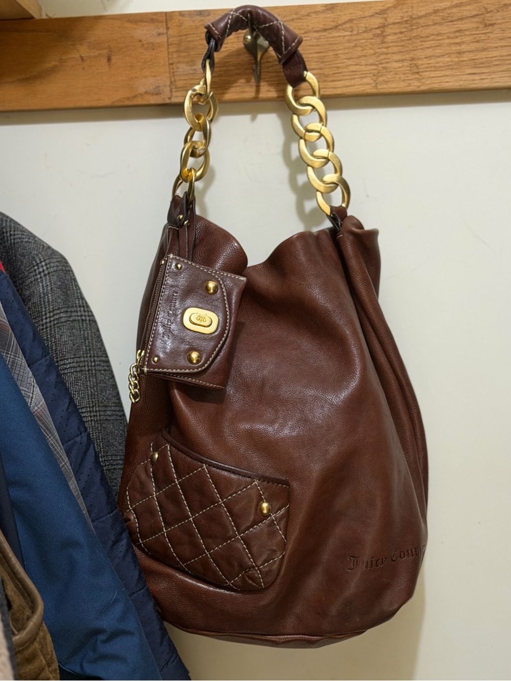 VTG Juicy Couture Brown Leather Hobo Bag Quilted Pocket Pouch Charm Y2K Slouchy